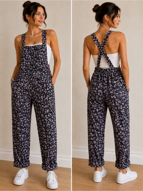 Zara Pants - Zara Floral Cotton Overalls M Black Pink Ditsy Print Bib Jumpsuit Pockets
